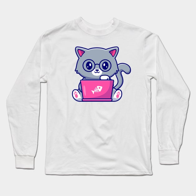 Cute Cat Working On Laptop Long Sleeve T-Shirt by Catalyst Labs